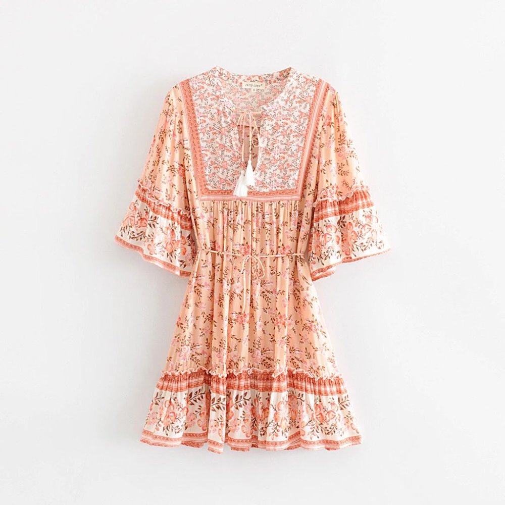 Boho Pink Cherry Blossom Flower Print Mini Dress